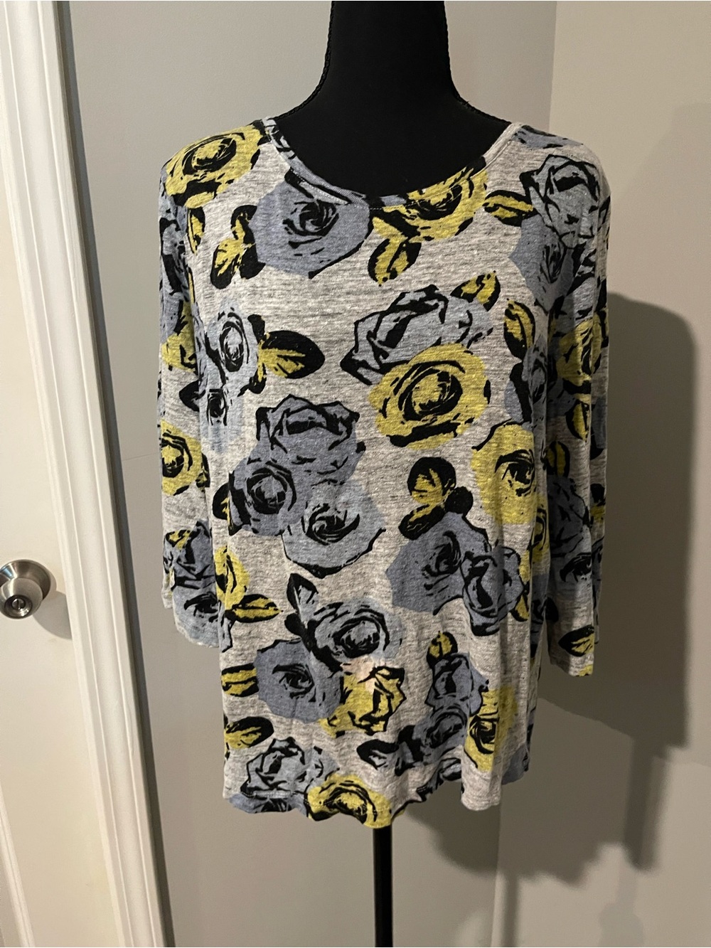 LOFT Gray Floral Long Sleeve Top with Yellow & Blue Accents